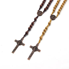 Aveuri-Christmas Gift New Year's Eve Gift Handmade Wood Beads Rosary Necklace For Women Men Crucifix Cross Pendant Long braided Rope Chain Religious Prayer Jewelry