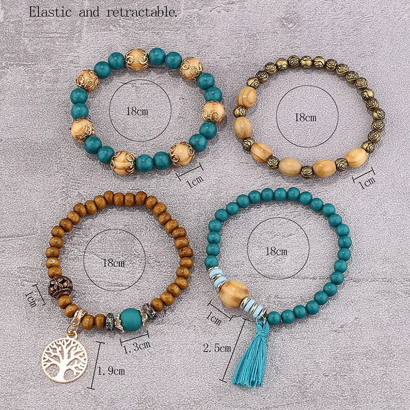 Aveuri-Christmas Gift New Year's Eve Gift Boho Tree Of Life Bracelet Set For Women Fashion Tassels Charm Wooden Beads Elastic Chain Bangle Girl Trendy Party Jewelry