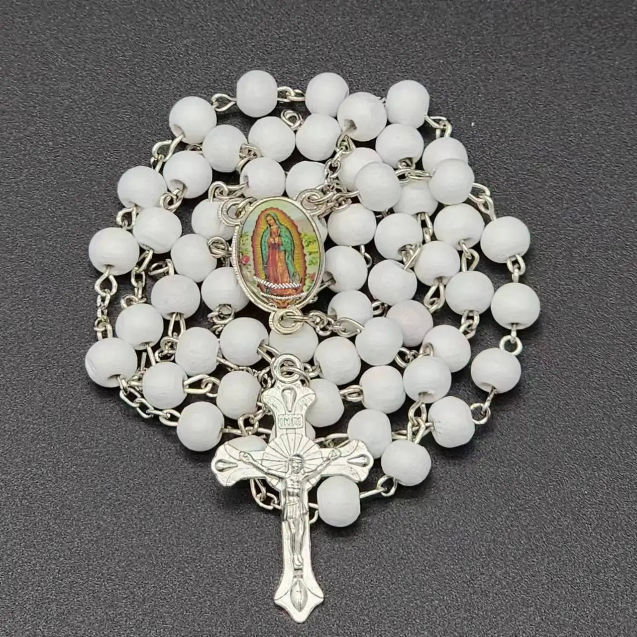 Aveuri-Christmas Gift New Year's Eve Gift White Wooden Rosary Necklace For Women Crucifix Cross Pendant Long Chain Necklace Men  Religious Catholic Prayer Jewelry