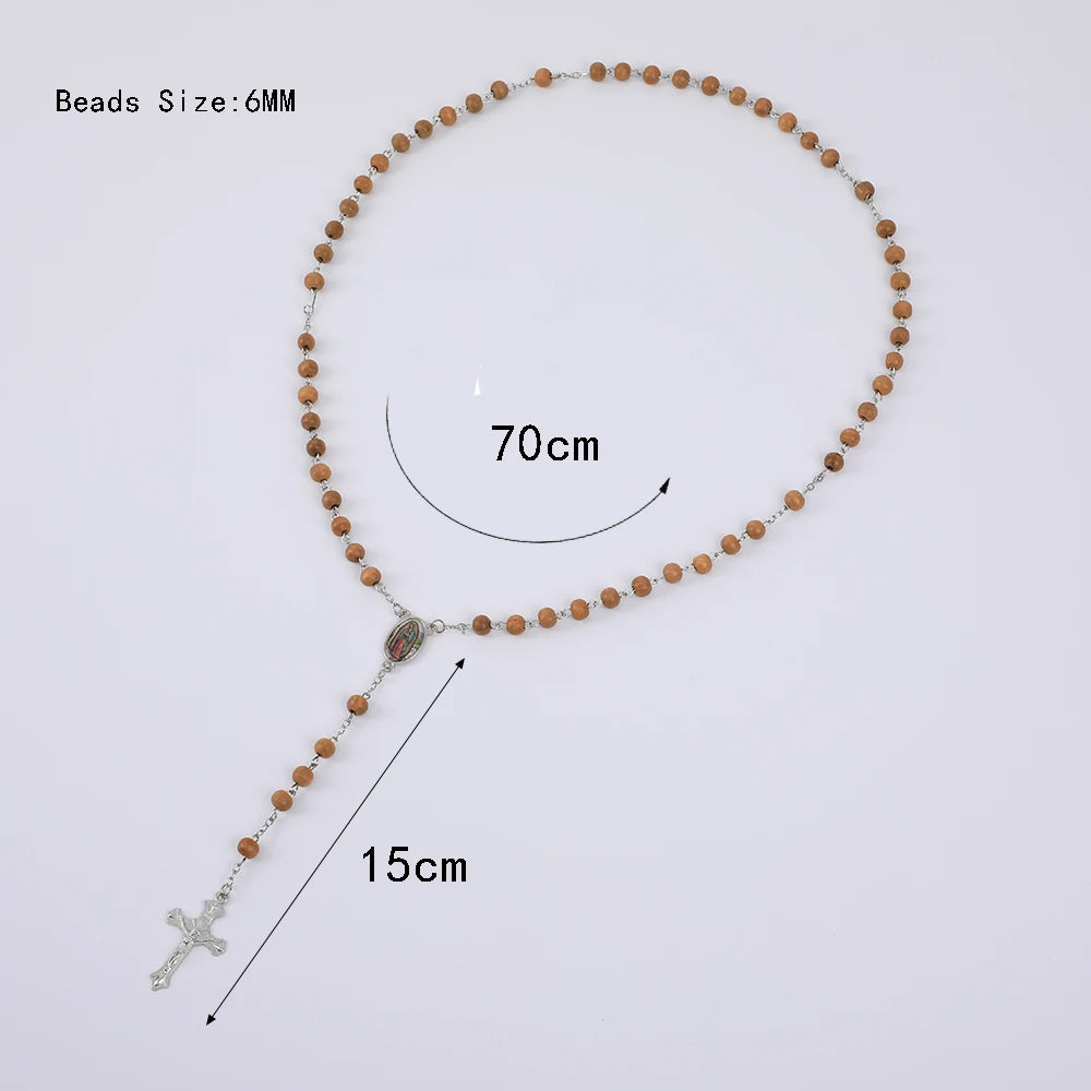 Aveuri-Christmas Gift New Year's Eve Gift Blue Rosary Necklace For Women Men 6MM Wooden Prayer Beads Long Chain Religious Virgin Mary Cross Pendant Men Party Jewelry Gift