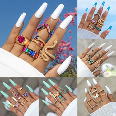 Aveuri-Christmas Gift New Year's Eve Gift Colorful Crystal Snake Shape Ring Set For Women Fashion Butterfly Heart Gold Color Geometric Rings Female Wedding Finger Jewelry