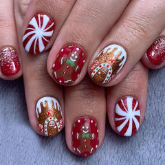 24Pcs Short Christmas Press on Nail Tong Gingerbread Man Fake Nails For Women&Girl Patch Candy Cane House False Nail