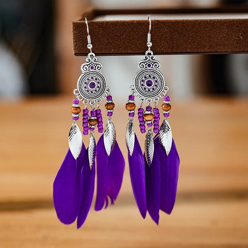 Aveuri-Christmas Gift New Year's Eve Gift Bohemian Ethnic Feather Drop Earrings For Women Elegant Wood Beads Leaf Long Tassels Dangle Earring Girls Fashion Party Jewelry