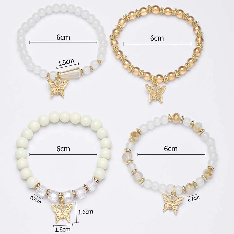 Aveuri-Christmas Gift New Year's Eve Gift 4Pcs Trendy Butterfly Beaded Bracelet Set For Women Pink Acrylic Beads Elastic Chain Bangle Female Bohemian Party Jewelry Gift