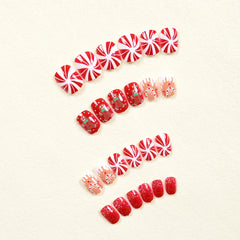 24Pcs Short Christmas Press on Nail Tong Gingerbread Man Fake Nails For Women&Girl Patch Candy Cane House False Nail