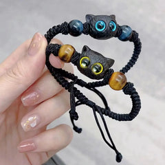 Aveuri Cute Cat Couple Bracelet Imitation Wood Crystal Braided Children Bracelet Fashion Jewelry Trendy Accessories