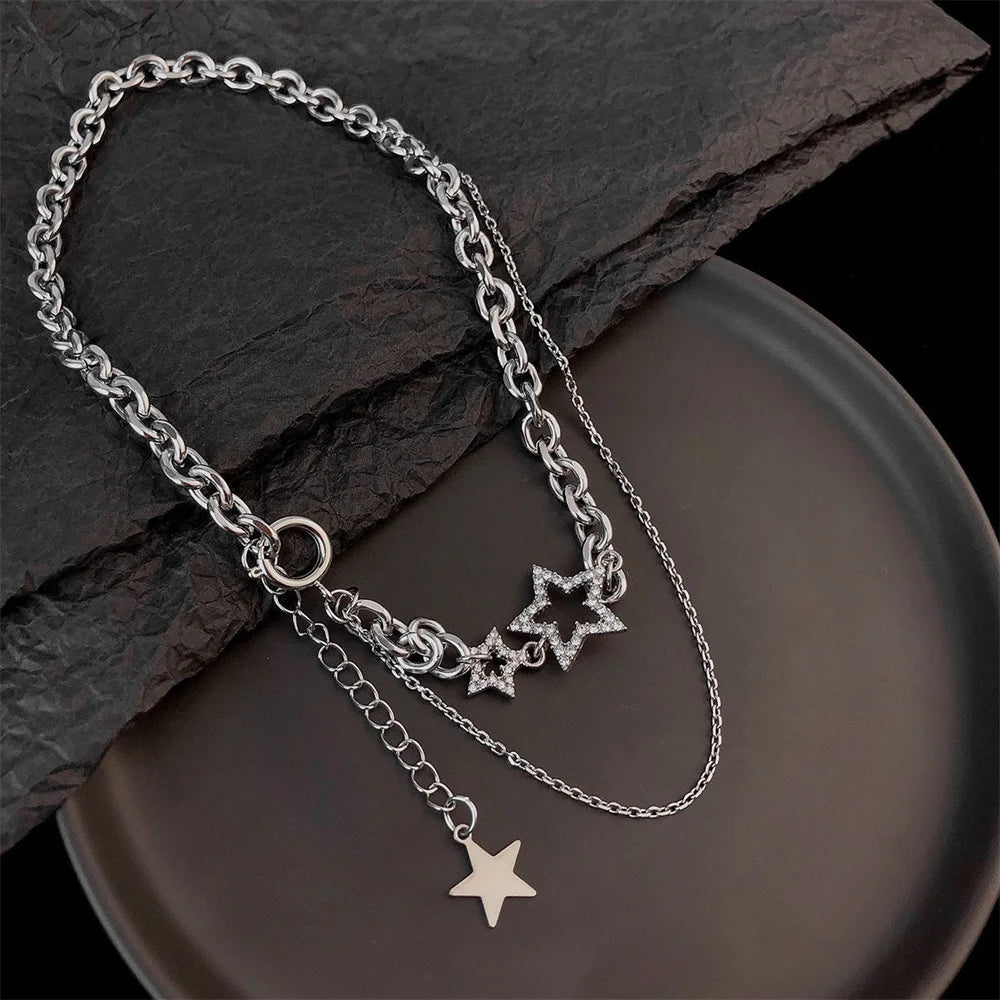 Aveuri Acrylic Rhinestone Star Double Layer Choker Necklace Hip Hop Short Clavicle Chain Necklace Women Collar Party Jewelry Gift