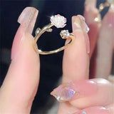 Fashion ROSE Flower Ring For Women French Retro Gold Color Acrylic Crystal Open Adjustable Ring Simple Tail Ring Jewelry Gift
