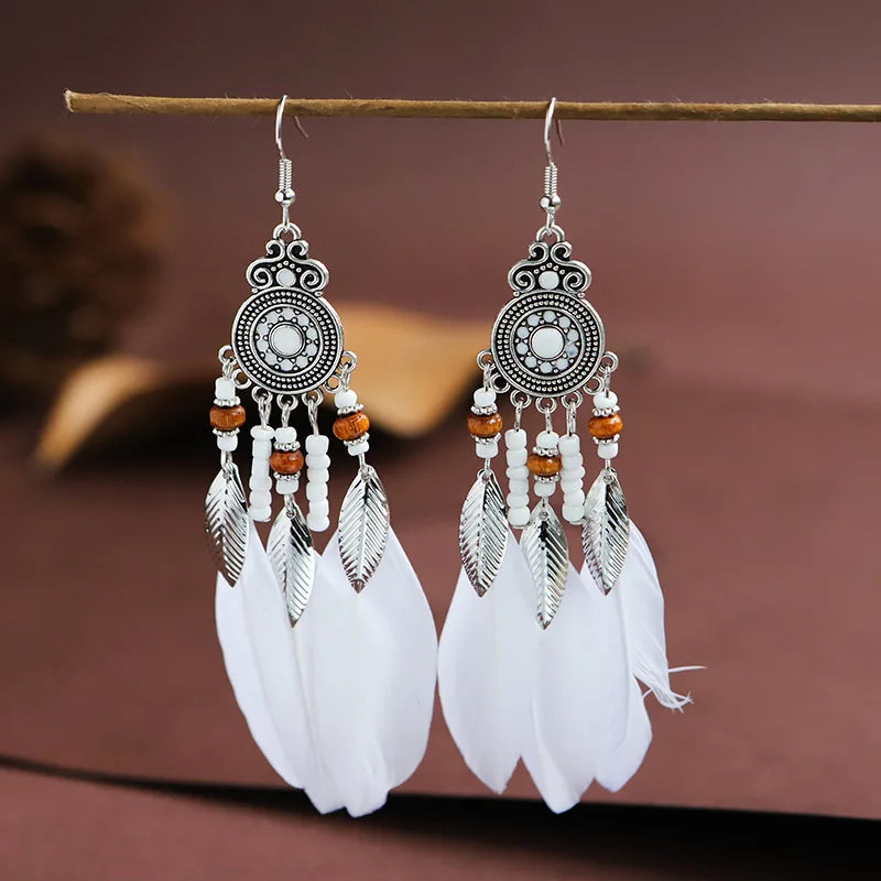 Aveuri-Christmas Gift New Year's Eve Gift Bohemian Ethnic Feather Drop Earrings For Women Elegant Wood Beads Leaf Long Tassels Dangle Earring Girls Fashion Party Jewelry