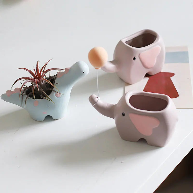 Aveuri Cute Succulent Ceramic Flower Pot Animal Shape Elephant Dinosaur Plant Pot Desktop Balcony Decoration Home Decor