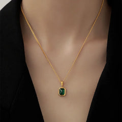 Aveuri Retro Square Green Zircon Pendant Necklace For Women Titanium Steel Necklace Girls Wedding Engagement Jewelry