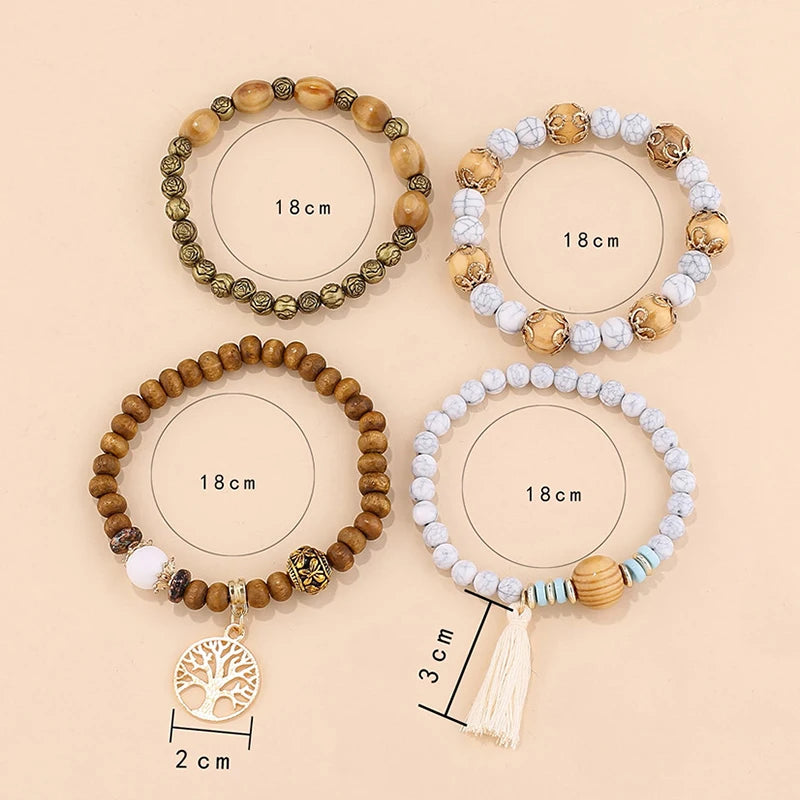 Aveuri-Christmas Gift New Year's Eve Gift 4Pcs/Set Boho Wooden Beaded Bracelet Set For Women Tree Of Life White Tassels Charm Elastic Chain Bangle Lady Bohemia Jewelry