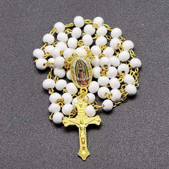 Aveuri-Christmas Gift New Year's Eve Gift White Wooden Rosary Necklace For Women Crucifix Cross Pendant Long Chain Necklace Men  Religious Catholic Prayer Jewelry