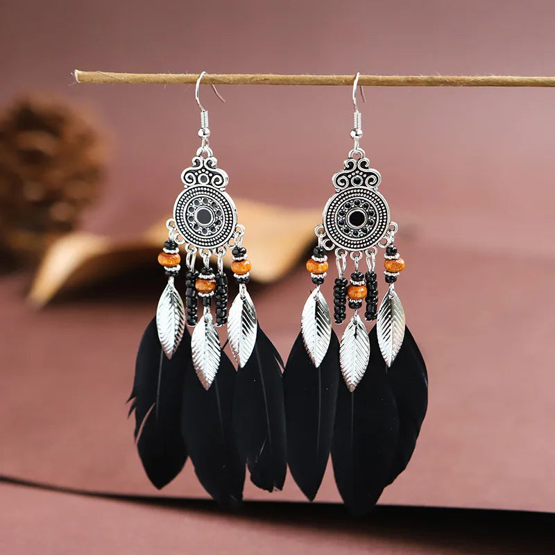 Aveuri-Christmas Gift New Year's Eve Gift Bohemian Ethnic Feather Drop Earrings For Women Elegant Wood Beads Leaf Long Tassels Dangle Earring Girls Fashion Party Jewelry