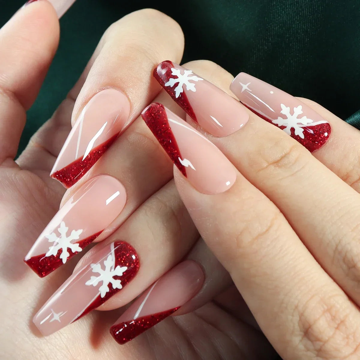 10pcs Christmas Ballet Coffin Handmade Press on Fake Nails Long Red with French White Snowflake Nail Tips Holiday Design