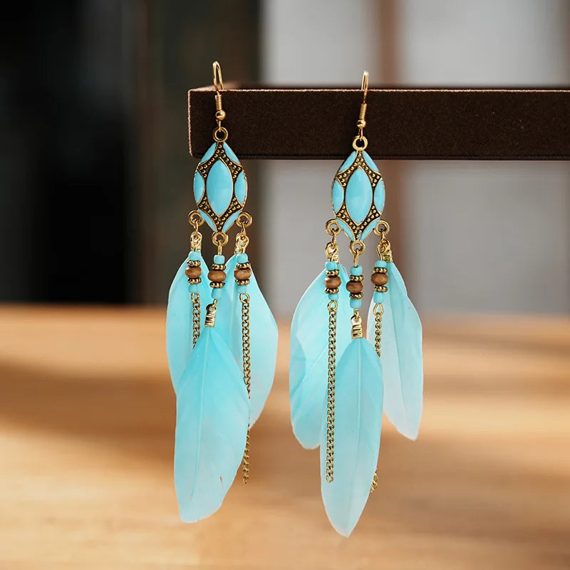 Aveuri-Christmas Gift New Year's Eve Gift New Ethnic Long Feather Dangle Earrings For Women Bohemian Tassel Beads Handmade Enamel Earrings Girl Bride Wedding Jewelry