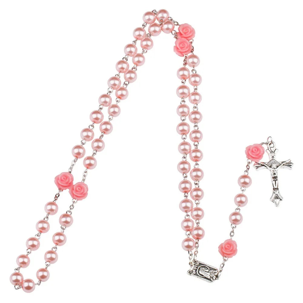 Aveuri-Christmas Gift New Year's Eve Gift 6MM Pink Rosary Necklace For Women Rose Glass Beads Chain Crucifix Cross INRI Pendant Men Religious Prayer Long Jewelry