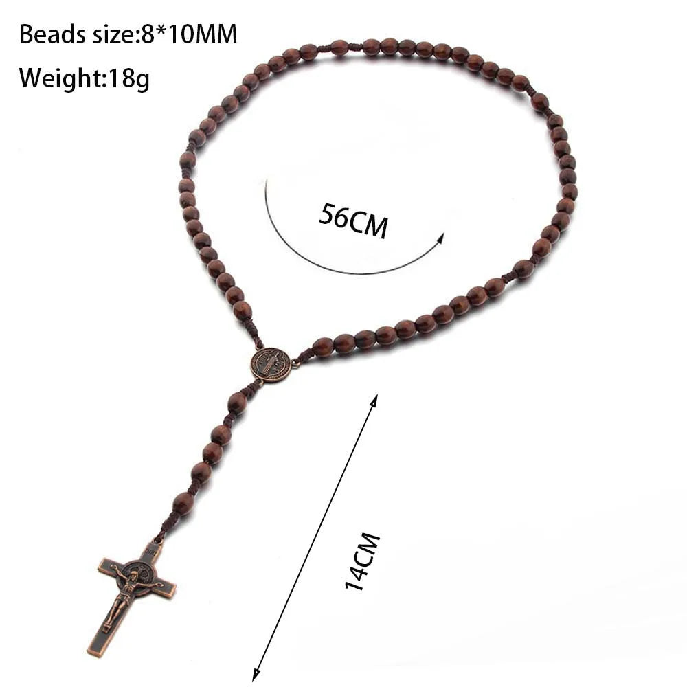 Aveuri-Christmas Gift New Year's Eve Gift Handmade Wood Beads Rosary Necklace For Women Men Crucifix Cross Pendant Long braided Rope Chain Religious Prayer Jewelry