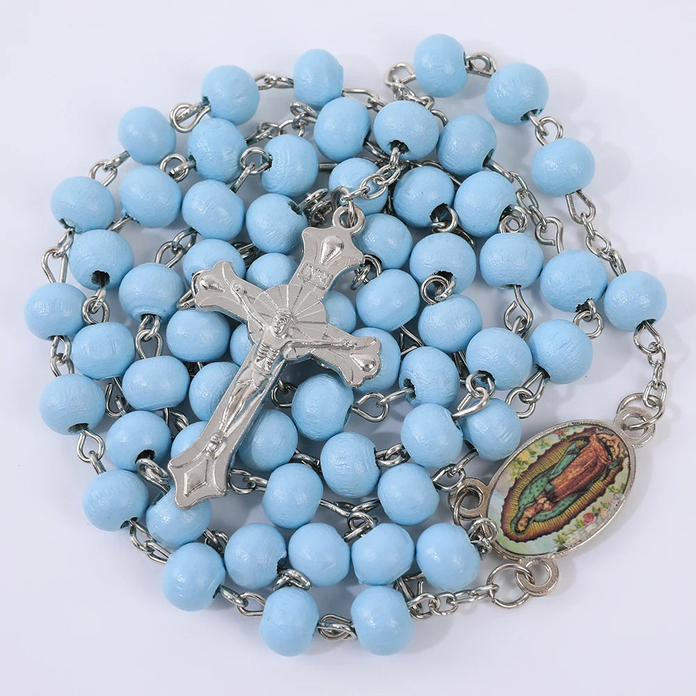 Aveuri-Christmas Gift New Year's Eve Gift Blue Rosary Necklace For Women Men 6MM Wooden Prayer Beads Long Chain Religious Virgin Mary Cross Pendant Men Party Jewelry Gift