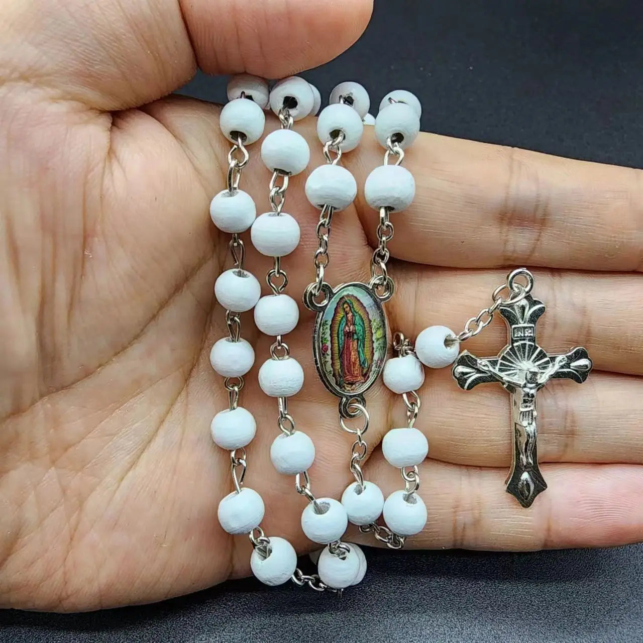 Aveuri-Christmas Gift New Year's Eve Gift White Wooden Rosary Necklace For Women Crucifix Cross Pendant Long Chain Necklace Men  Religious Catholic Prayer Jewelry