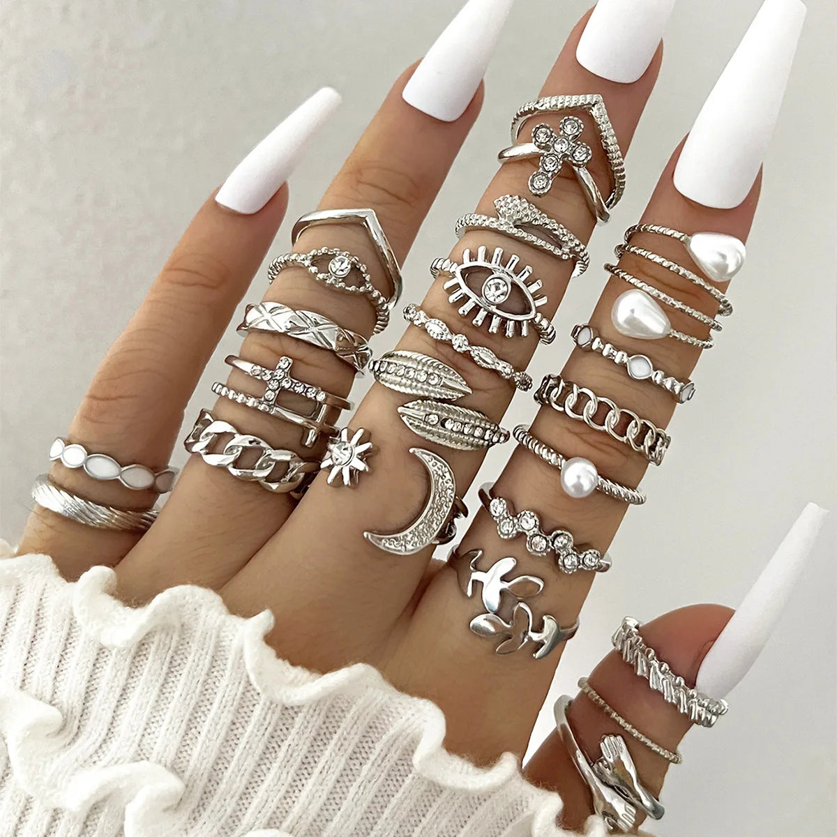 Aveuri-Christmas Gift New Year's Eve Gift Bohemian Geometric Knuckle Rings Set For Women Eye Cross Sun And Moon Leaf Charm Finger Ring Female Fashion Party Jewelry