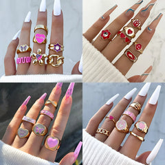 Aveuri-Christmas Gift New Year's Eve Gift Bohemia Geometric Colorful Enamel Kunckle Ring Set For Women Butterfly Heart Sign Finger Ring Female Daily Jewelry