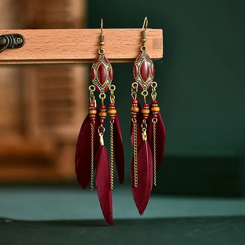 Aveuri-Christmas Gift New Year's Eve Gift New Ethnic Long Feather Dangle Earrings For Women Bohemian Tassel Beads Handmade Enamel Earrings Girl Bride Wedding Jewelry