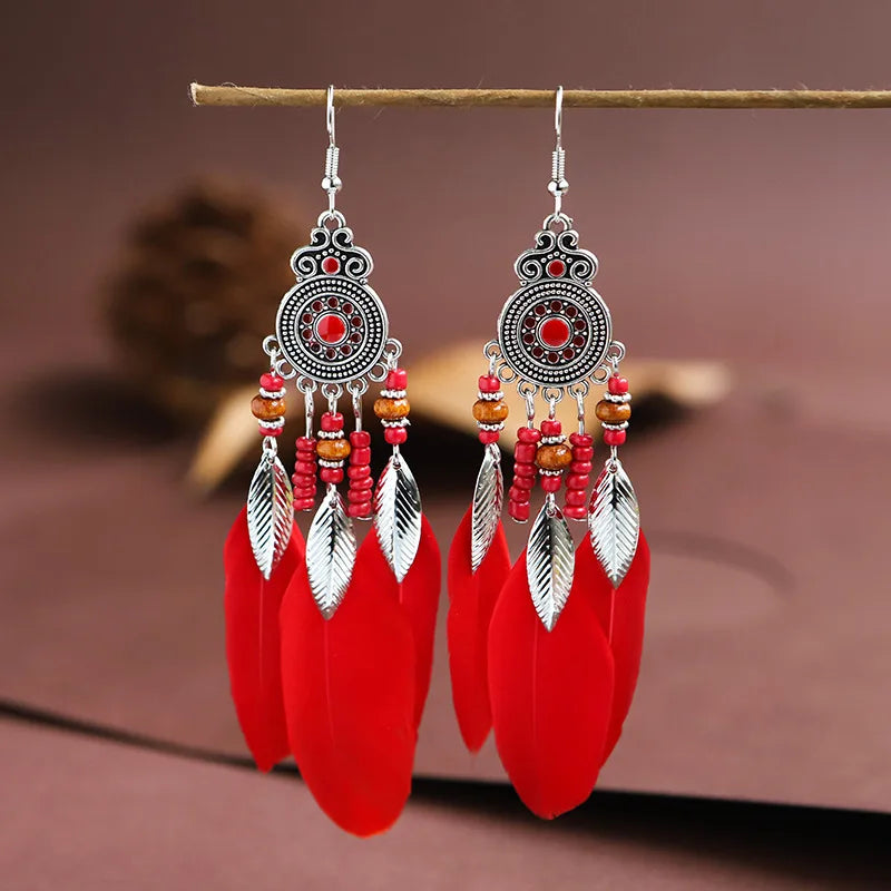 Aveuri-Christmas Gift New Year's Eve Gift Bohemian Ethnic Feather Drop Earrings For Women Elegant Wood Beads Leaf Long Tassels Dangle Earring Girls Fashion Party Jewelry