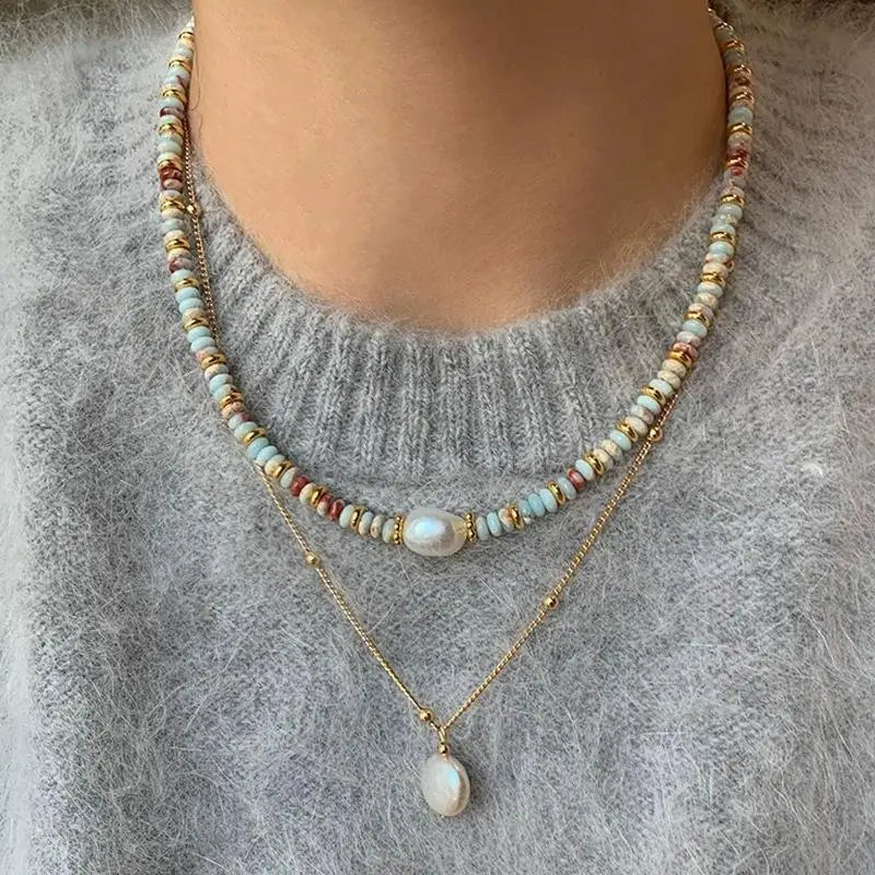 Aveuri-Christmas Thanksgiving  New Year's Eve Gift 2025 New Trendy Natural Stone Freshwater Pearl Collar Chain Necklace Vintage Handmade Stylish Beads Jewelry Bijoux Gift