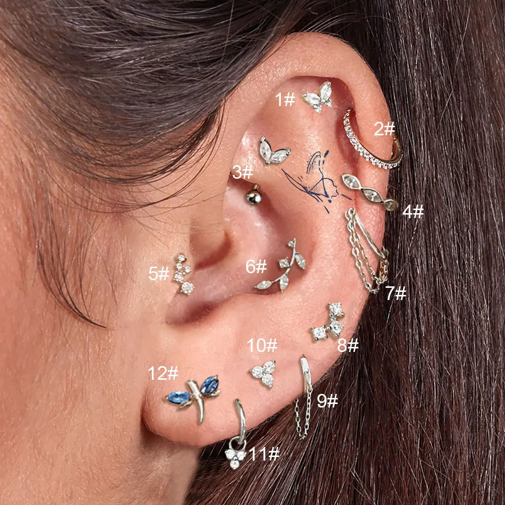 Aveuri-1PC Ear Piercing Chain Hoop Earring Rook Helix Tragus Lobe Zircon Cartilage Piercing Leaf Stud Earring Stainless Steel Jewelry