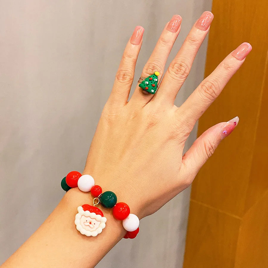 Aveuri-Christmas Gift idea 5 Pcs Kids Bracelet Ring Earring Set Santa Elk Girls Gift Holiday Party Ring Ear Clip Childrens Jewelry