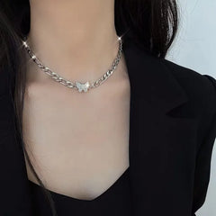 Aveuri Hip Hop Silver Color Butterfly Necklace Vintage Crystal Butterfly Thick Chain Choker Necklace For Women Rock Street Jewelry