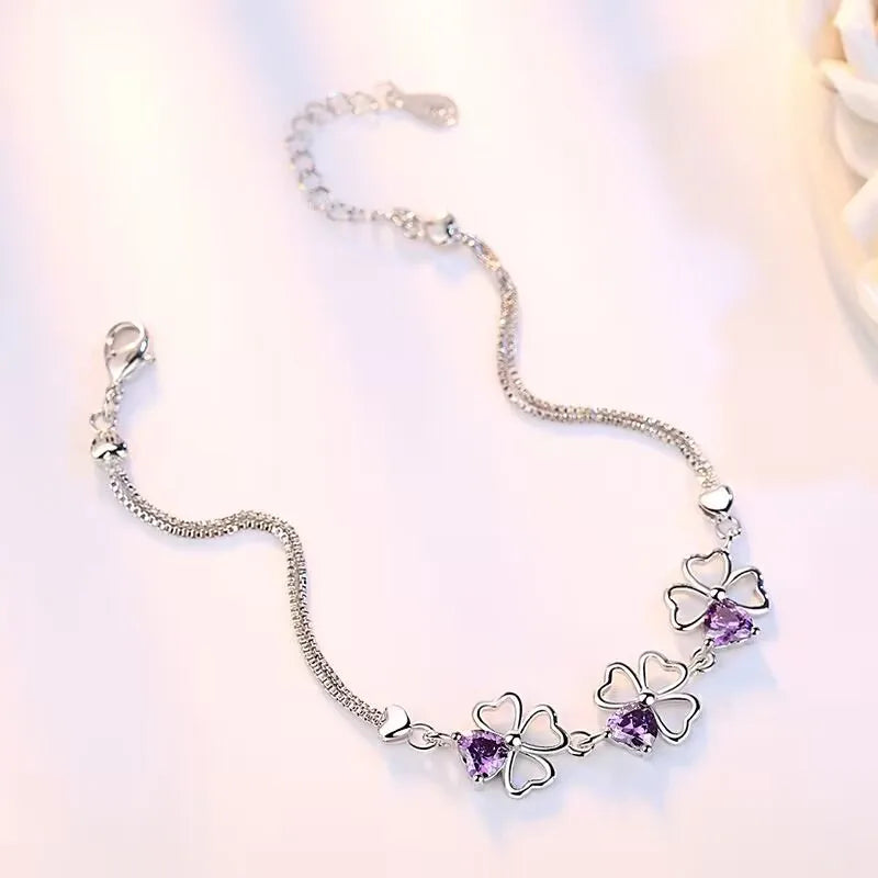 Aveuri Hot luxury designer 925 Sterling Silver Purple crystal Lucky Clover Bracelets for women fashion party wedding Jewelry 17CM+4CM