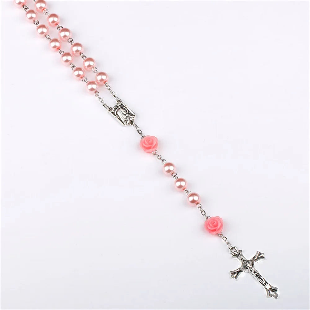 Aveuri-Christmas Gift New Year's Eve Gift 6MM Pink Rosary Necklace For Women Rose Glass Beads Chain Crucifix Cross INRI Pendant Men Religious Prayer Long Jewelry