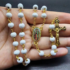 Aveuri-Christmas Gift New Year's Eve Gift White Wooden Rosary Necklace For Women Crucifix Cross Pendant Long Chain Necklace Men  Religious Catholic Prayer Jewelry