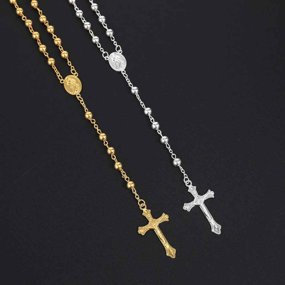 Aveuri-Christmas Gift New Year's Eve Gift Gold Color Rosary Necklace For Women Men Long 6MM Beads Chain Crucifix Cross Pendant Religious Prayer Party Jewelry Gift