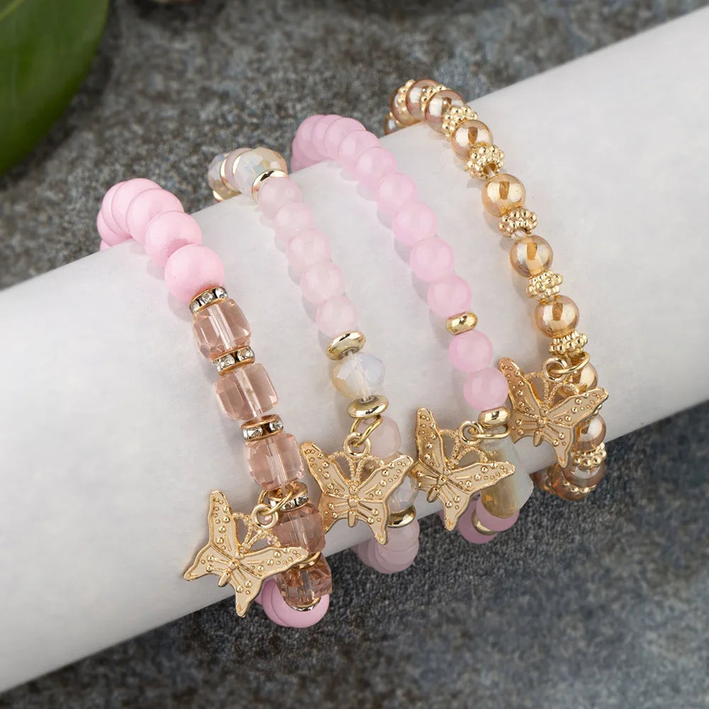 Aveuri-Christmas Gift New Year's Eve Gift 4Pcs Trendy Butterfly Beaded Bracelet Set For Women Pink Acrylic Beads Elastic Chain Bangle Female Bohemian Party Jewelry Gift