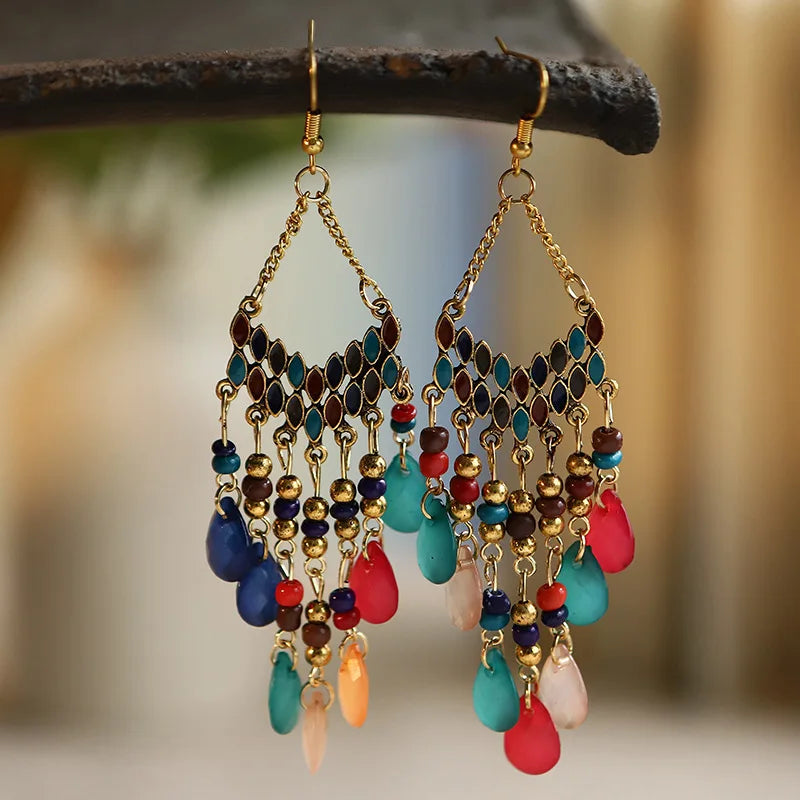 Aveuri-Christmas Gift New Year's Eve Gift Bohemian Water Drop Tassel Earrings For Women Colorful Beads Dangle Ethnic Style Earring Female Fashion Jewelry