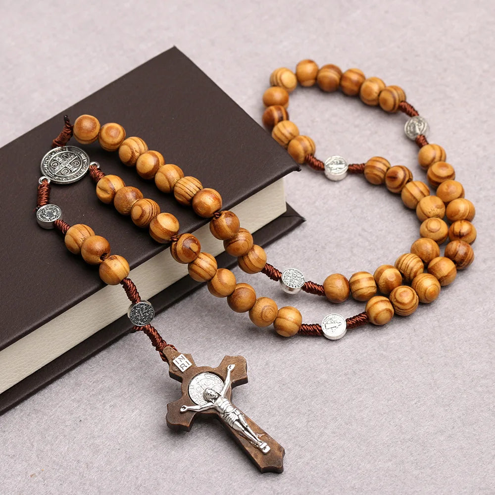 Aveuri-Christmas Gift New Year's Eve Gift Christian 10MM Wood Beaded Rosary Necklaces For Women Catholic INRI Crucifix Cross Pendant Chain Men Religion Prayer Jewelry