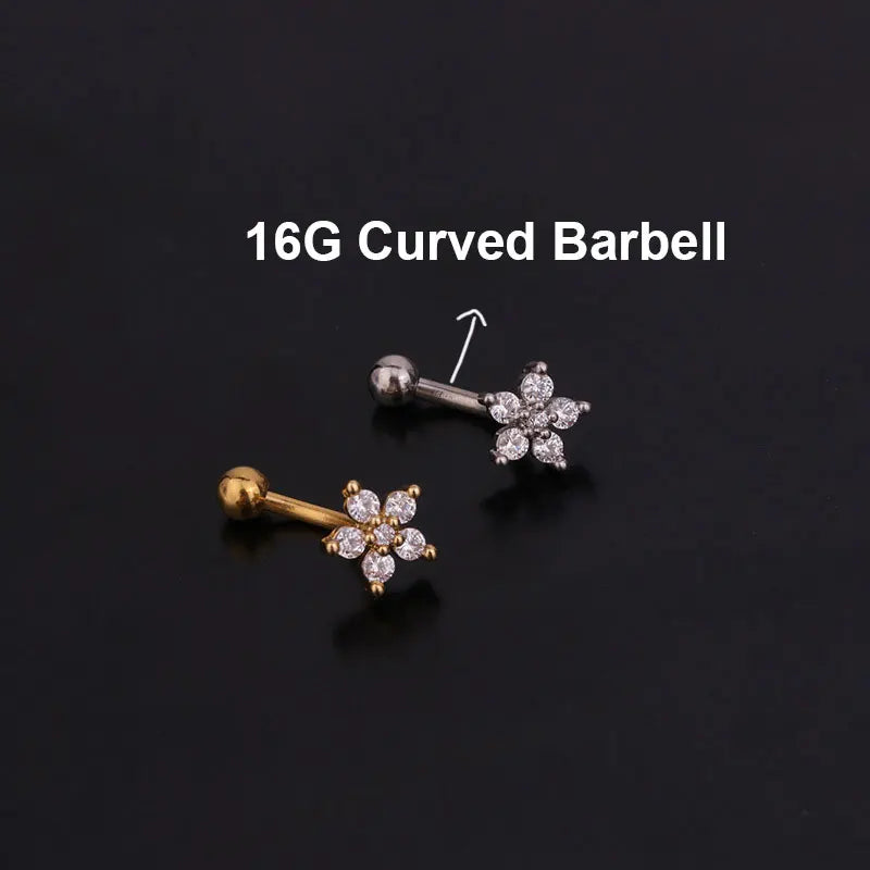 Aveuri-16G Stainless Steel Rook Ear Piercing Flower Helix Tragus Lobe Curved Barbell Cartilage Earring Eyebrow Belly Piercing Jewelry