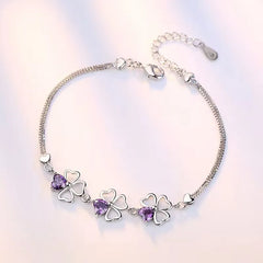 Aveuri Hot luxury designer 925 Sterling Silver Purple crystal Lucky Clover Bracelets for women fashion party wedding Jewelry 17CM+4CM