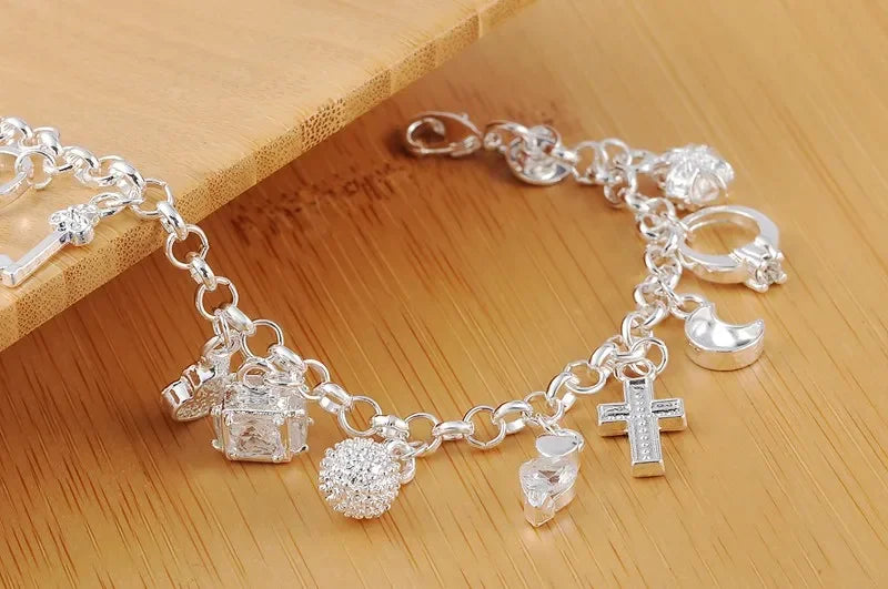 Aveuri Hot solid 925 Sterling silver Bracelets for woman crystal Heart star cross Pendant Wedding party Christmas Gifts fashion Jewelry