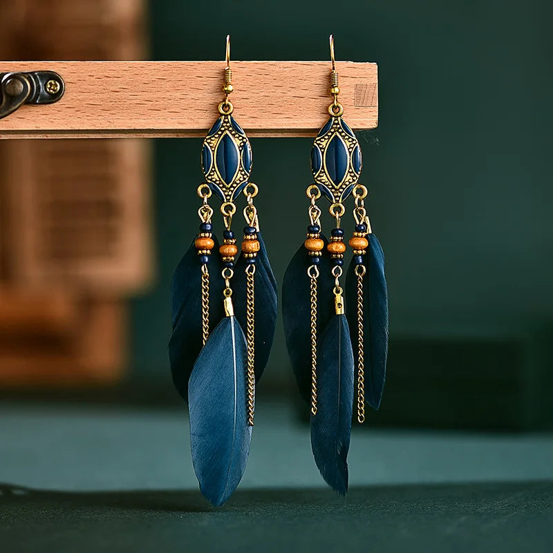 Aveuri-Christmas Gift New Year's Eve Gift New Ethnic Long Feather Dangle Earrings For Women Bohemian Tassel Beads Handmade Enamel Earrings Girl Bride Wedding Jewelry