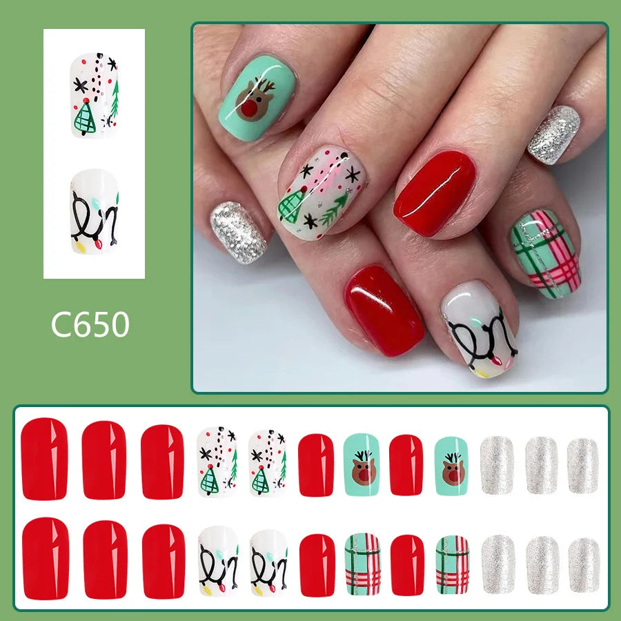 24Pcs Short Glossy Square Christmas Press-On Nails Red-Green Cute Reindeer Glitter Design Fake Nail Tips for Women Festive Wear