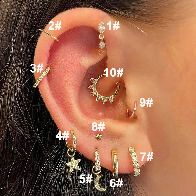 Aveuri-Daith Tragus Helix Piercing Earring Women Zircon Star Moon Drop Earring Cartilage Ear Lobe Stainless Steel Hoop Piercing Earring