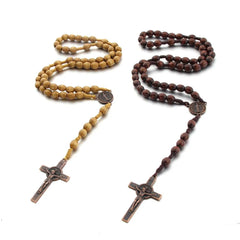 Aveuri-Christmas Gift New Year's Eve Gift Handmade Wood Beads Rosary Necklace For Women Men Crucifix Cross Pendant Long braided Rope Chain Religious Prayer Jewelry