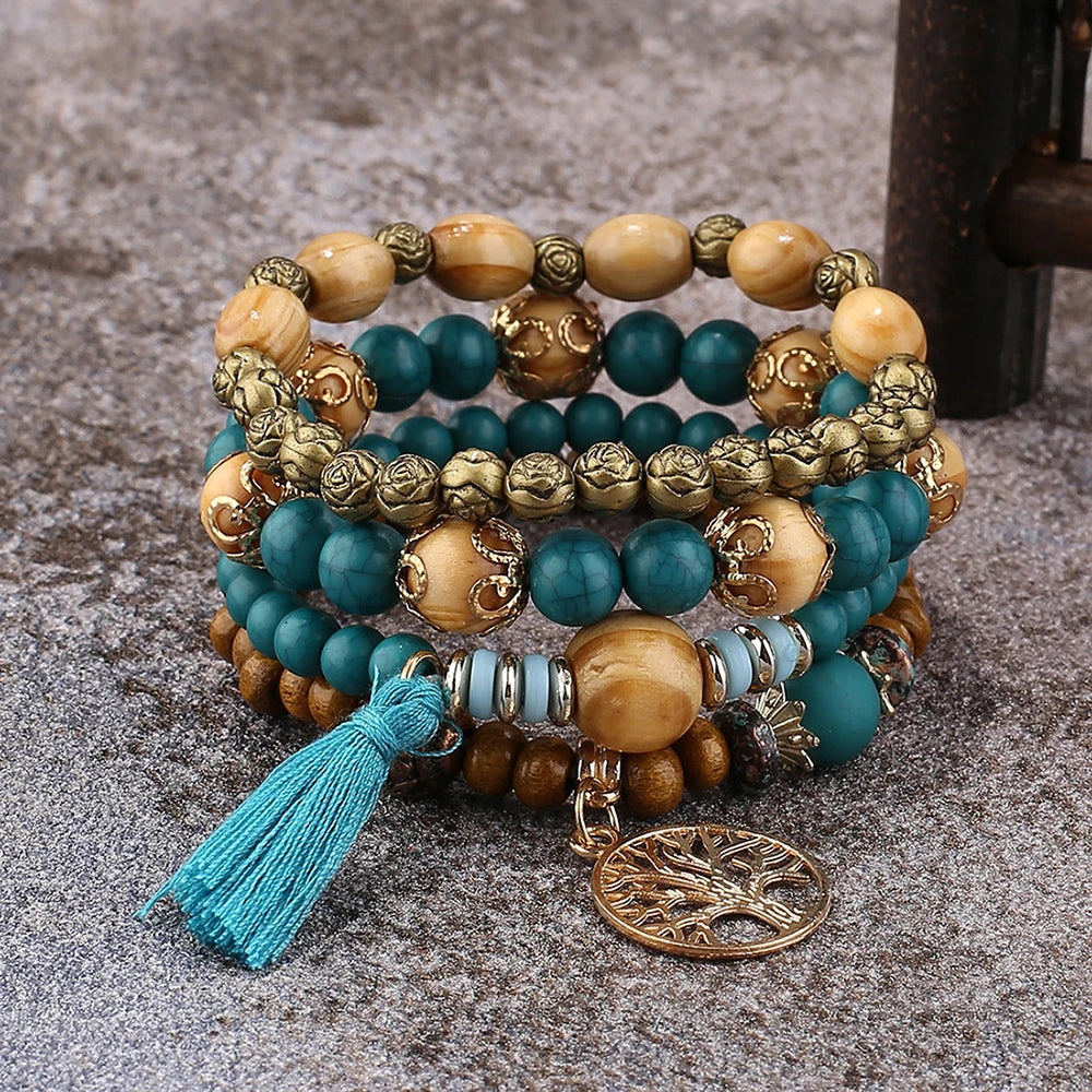 Aveuri-Christmas Gift New Year's Eve Gift Boho Tree Of Life Bracelet Set For Women Fashion Tassels Charm Wooden Beads Elastic Chain Bangle Girl Trendy Party Jewelry