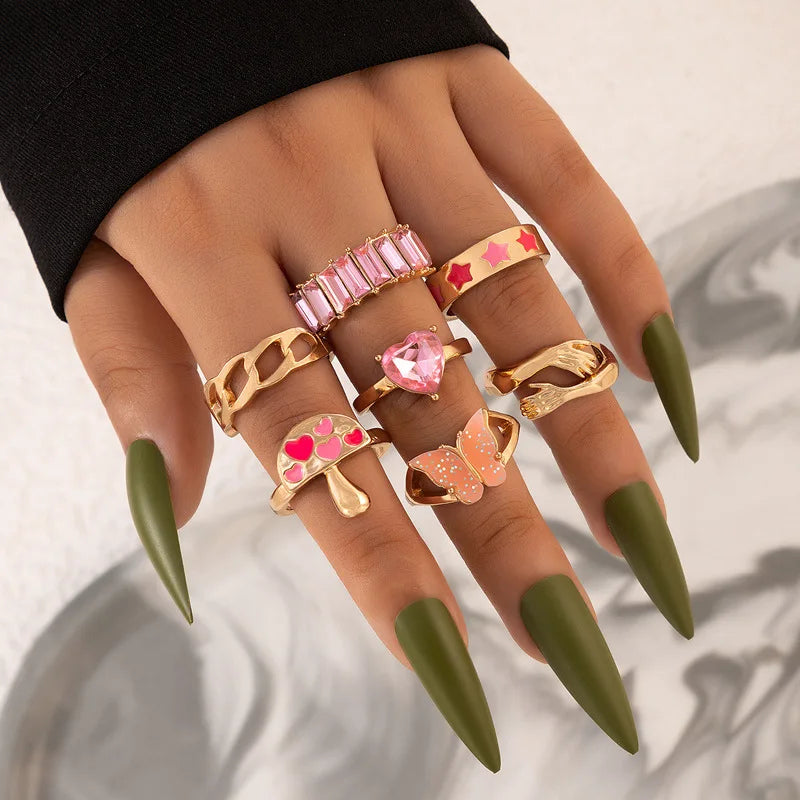 Aveuri-Christmas Gift New Year's Eve Gift Colorful Crystal Snake Shape Ring Set For Women Fashion Butterfly Heart Gold Color Geometric Rings Female Wedding Finger Jewelry