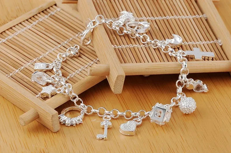 Aveuri Hot solid 925 Sterling silver Bracelets for woman crystal Heart star cross Pendant Wedding party Christmas Gifts fashion Jewelry