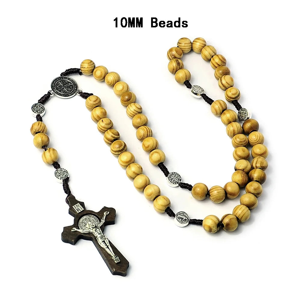 Aveuri-Christmas Gift New Year's Eve Gift Catholic Wood Beaded Rosary Necklaces For Women Christian INRI Crucifix Cross Pendant Long Chain Men Religion Prayer Jewelry